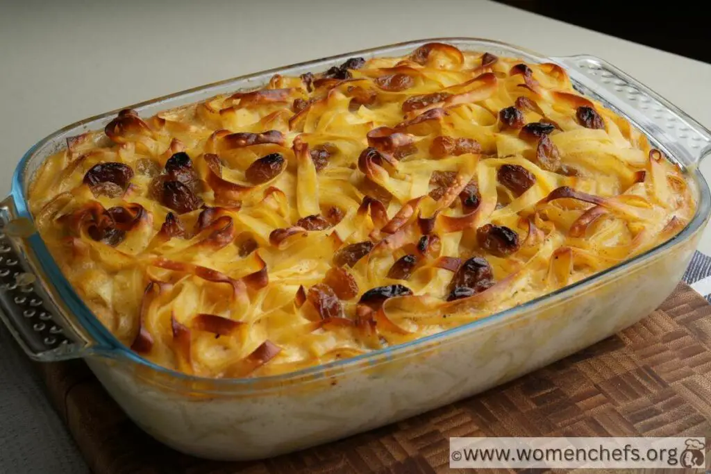 Ina Garten's baked noodle kugel in a dish