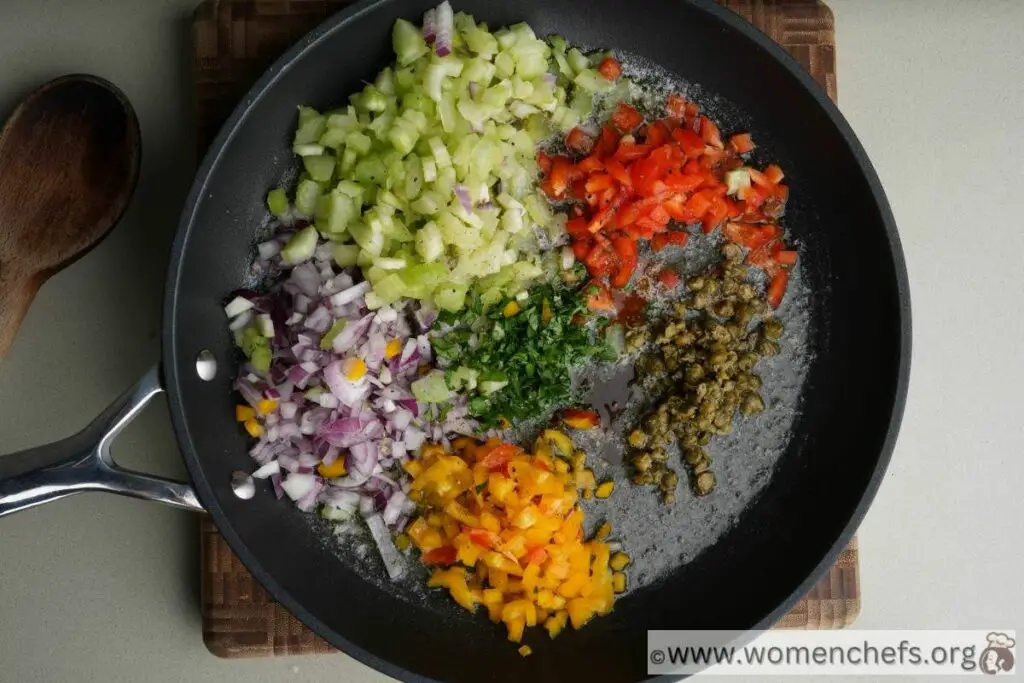 cooking the vegetables for salmon cakes