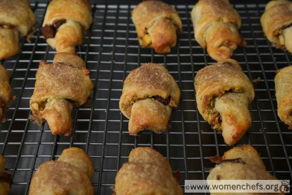 cooling baked rugelach onto a wire rack