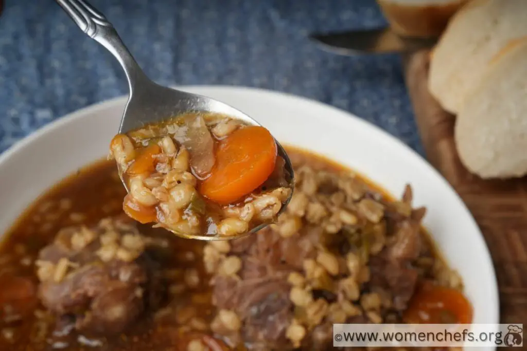 a spoonfull of barley beef soup