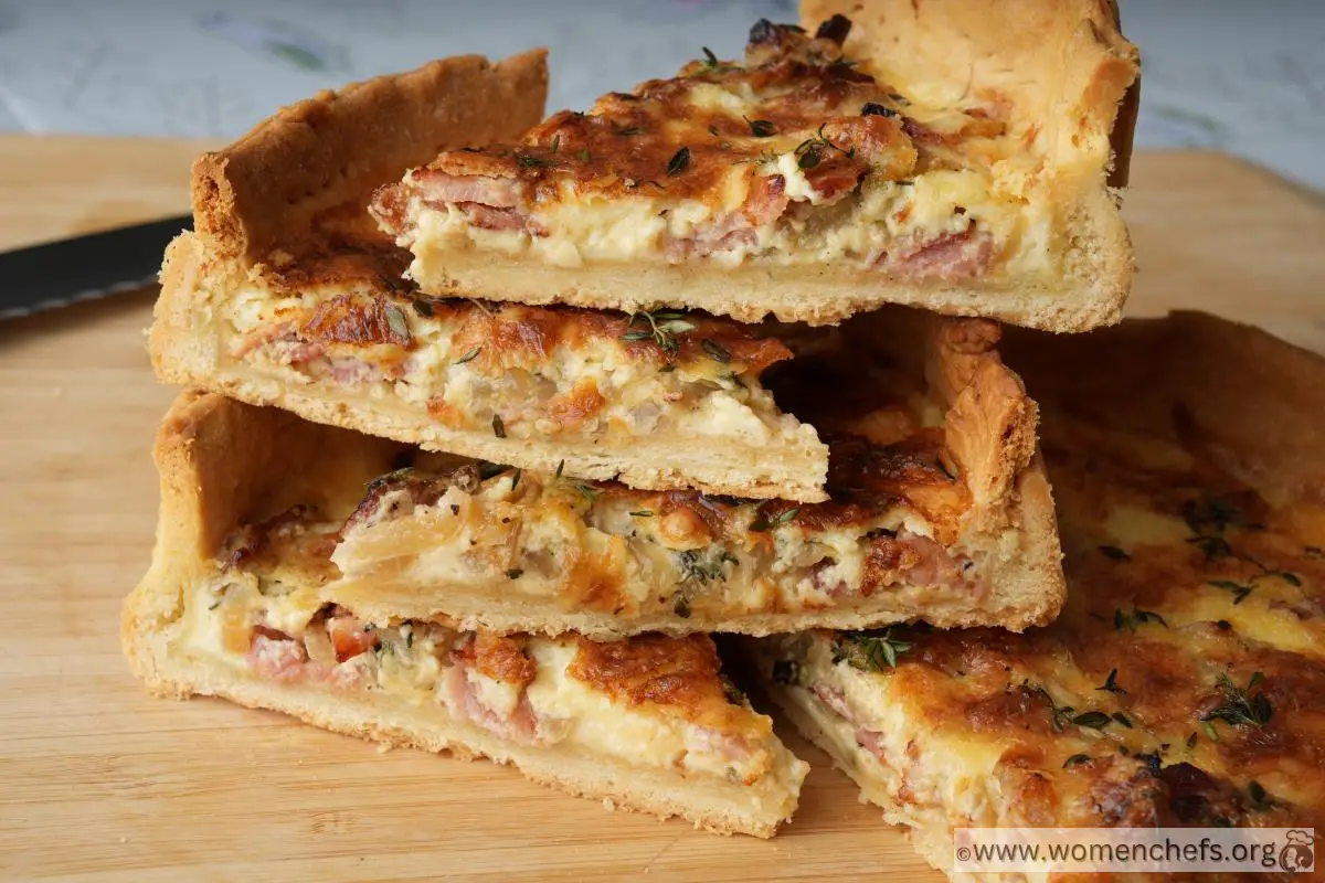 sliced portions of quiche on top of each other