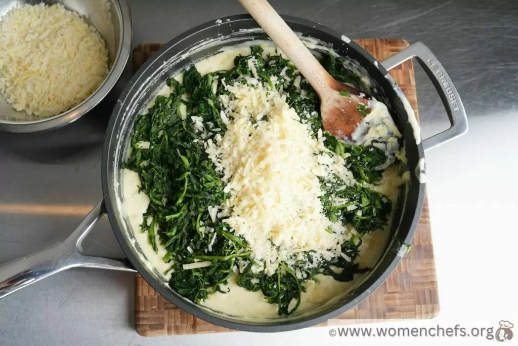 cheese and spinach goes in a pan