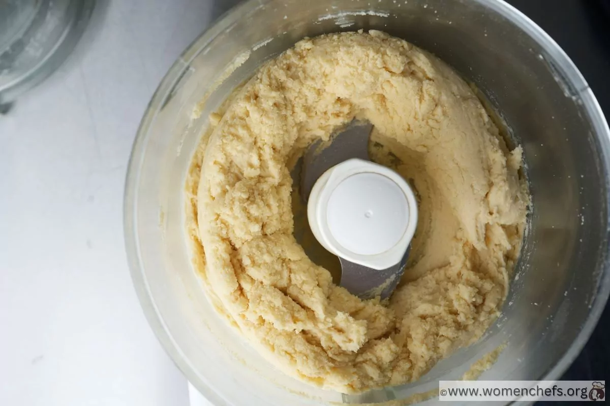 Peach cobbler dough after pulsing Peach cobbler dough after pulsing