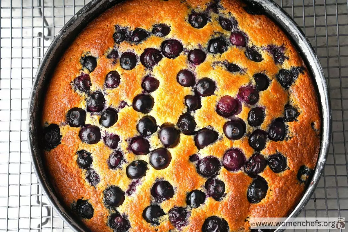 Looking down on a baked Ina Garten blueberry ricotta cake 